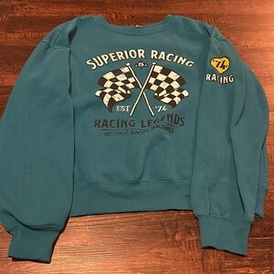 blue graphic crew neck.